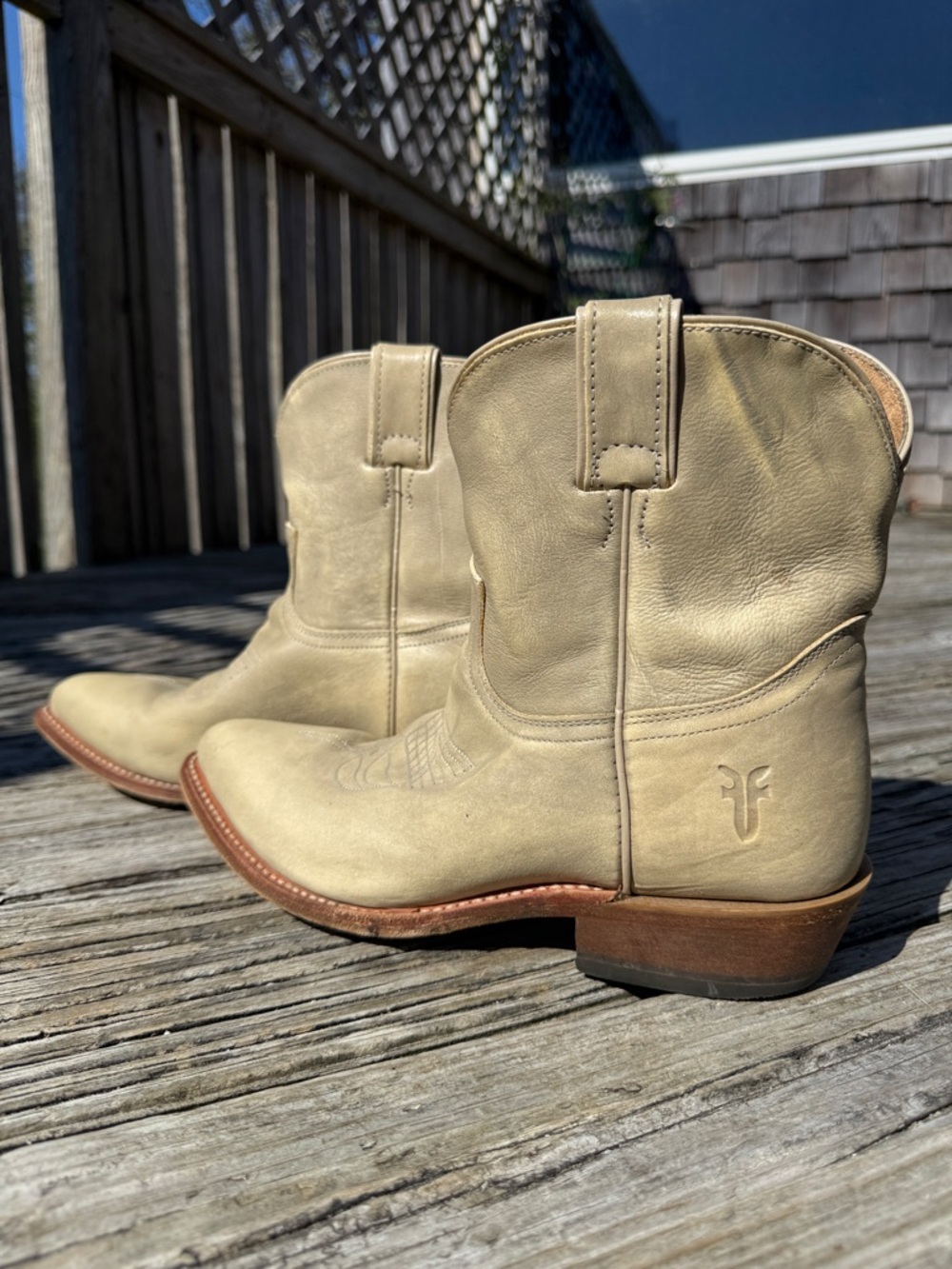 Frye Beige Leather Cowboy Ankle Boots
